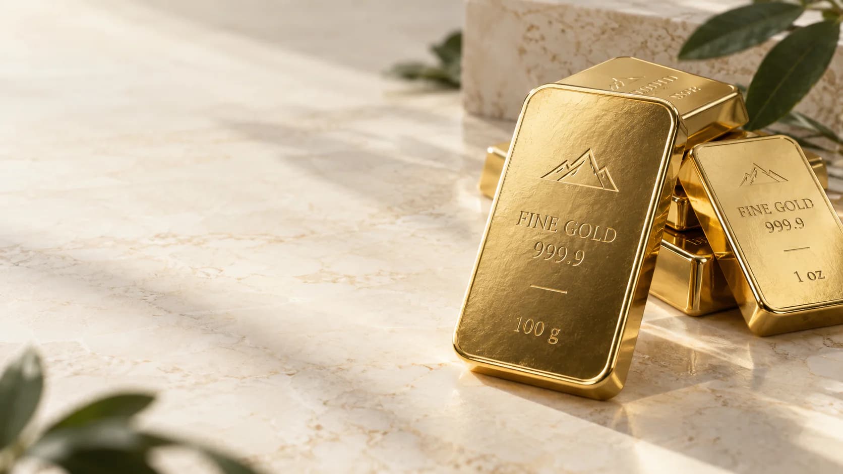 Premium gold bullion bars arranged on a stone surface